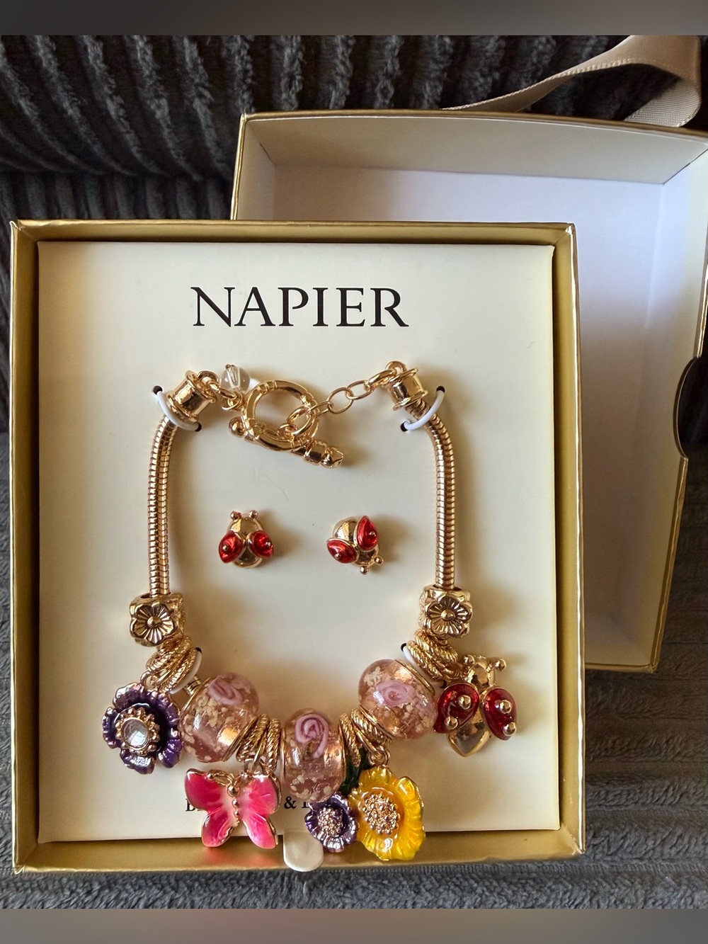 Napier Gold-Tone Charm Bracelet Summer Butterfly Floral Lady Bug